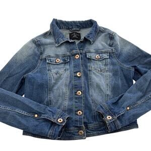 Love Tree Jacket Womens Large Blue Denim Trucker Faded Button Up Jean